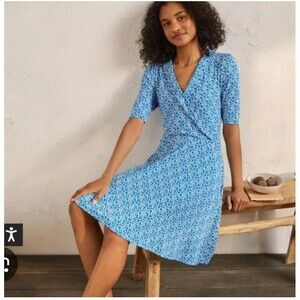 Boden Dress Womens 4L Blue Polka Dot Wrap Fit Flare Jersey Knee Length